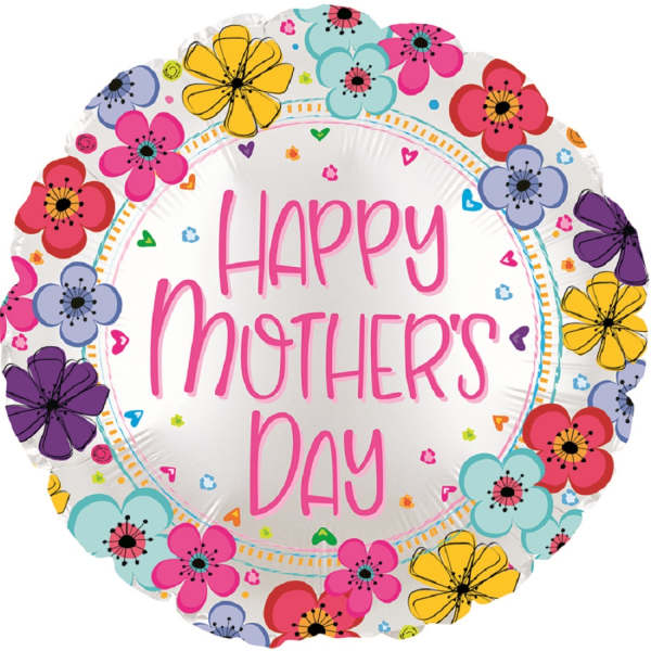 Round balloon with "Happy Mother's Day" text and colorful flower graphics