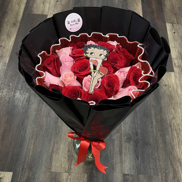 Betty Boop 25 Pink And Red Roses Bouquet