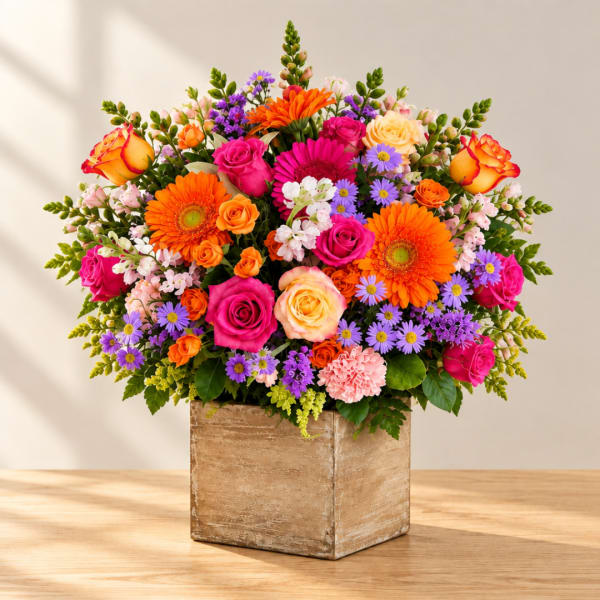 Bright mixed bouquet in a square wooden box with orange, pink, and purple blooms.