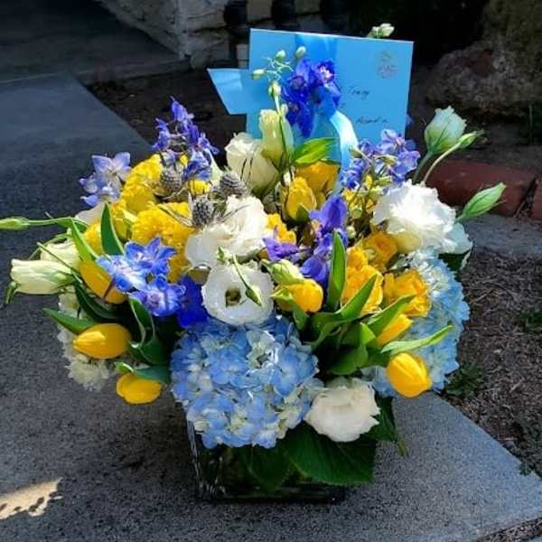 Blue, yellow, and white flower arrangement with tulips and hydrangeas in a clear glass cube vase and blue card