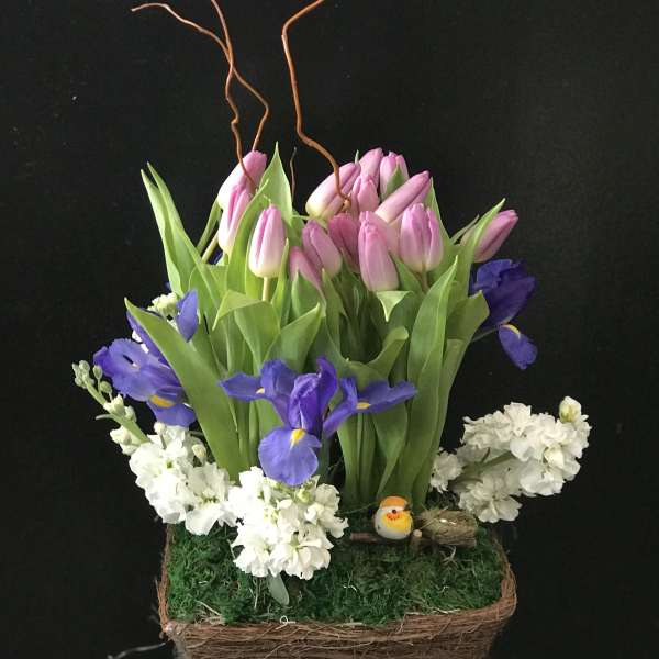Pink tulips and purple irises in a woven basket with white flowers