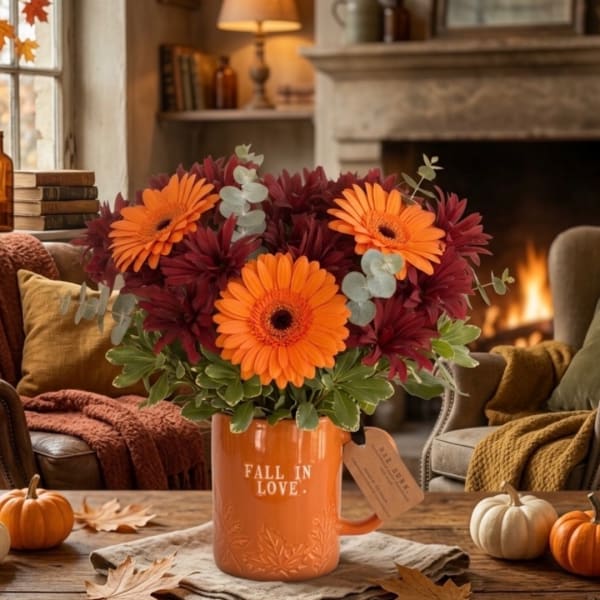 Orange and burgundy flowers in an orange mug vase on a table