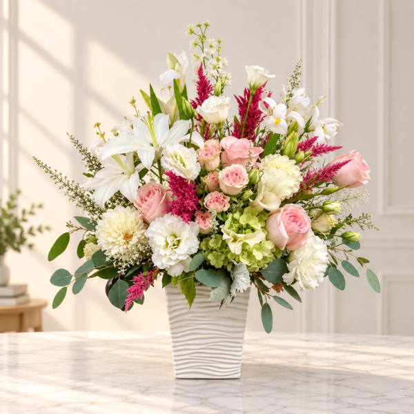 Pink and white mixed flower arrangement in a white vase