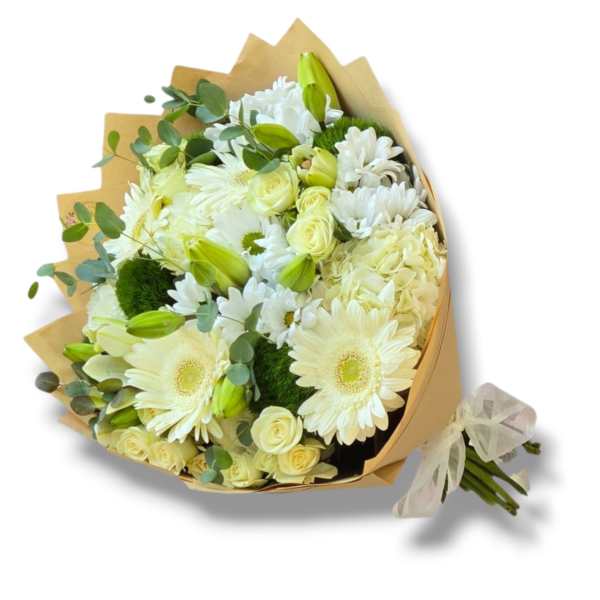 Bouquet of white flowers with pale yellow roses wrapped in brown paper
