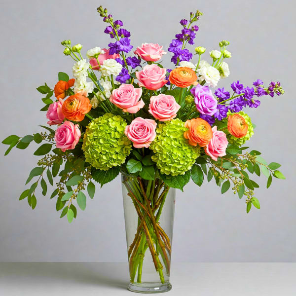 Mixed bouquet of pink roses, orange ranunculus, purple blooms, and green hydrangeas in a glass vase