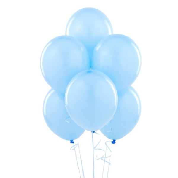 Cluster of light blue balloons on white strings
