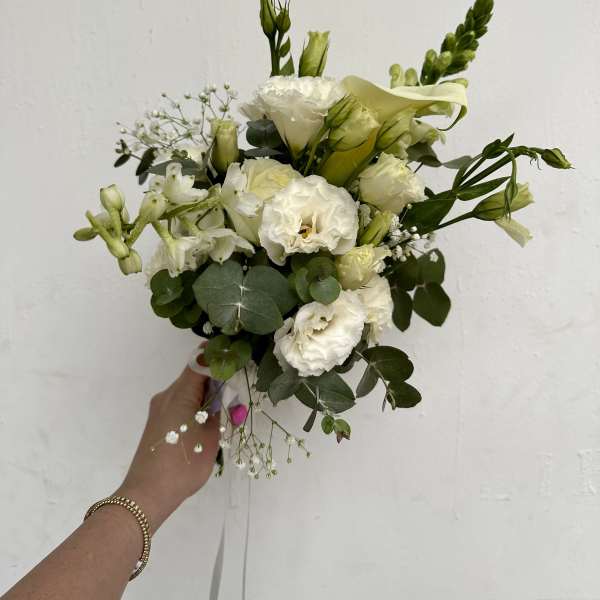 White and green hand-tied bouquet with mixed blooms