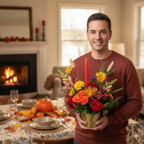 Man holding a fall floral arrangement in a gold vase
