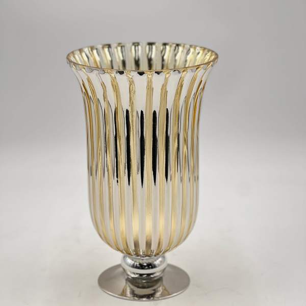 Gold and clear striped decorative vase with a silver base