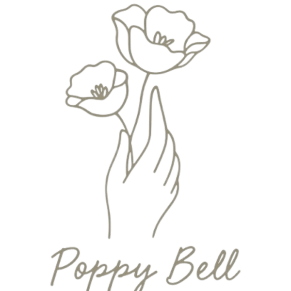 Minimalist logo of a hand holding two poppy-like flowers with the text Poppy Bell Flowers below