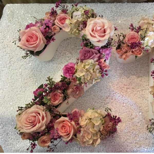 Floral number 2 made of pink and purple roses with hydrangeas