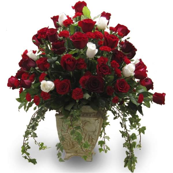 Red and white roses arranged in a decorative vase