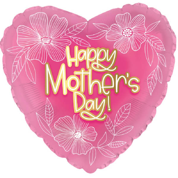 Pink heart-shaped Mother's Day balloon with floral line art