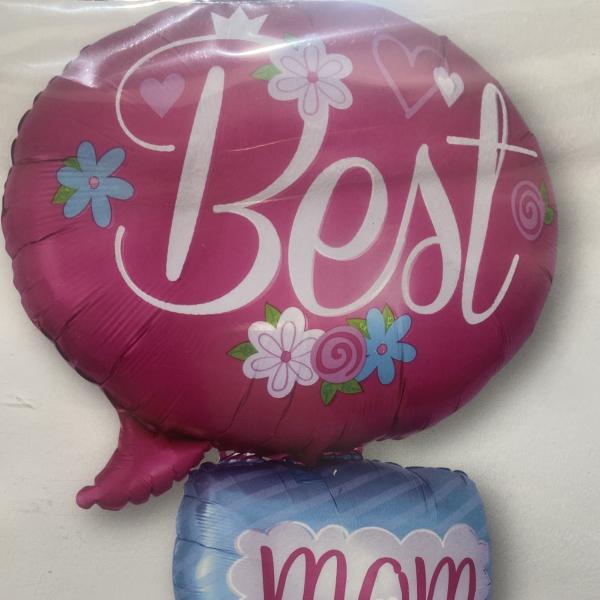 Three pink and blue foil balloons with "Best Mom Ever" text