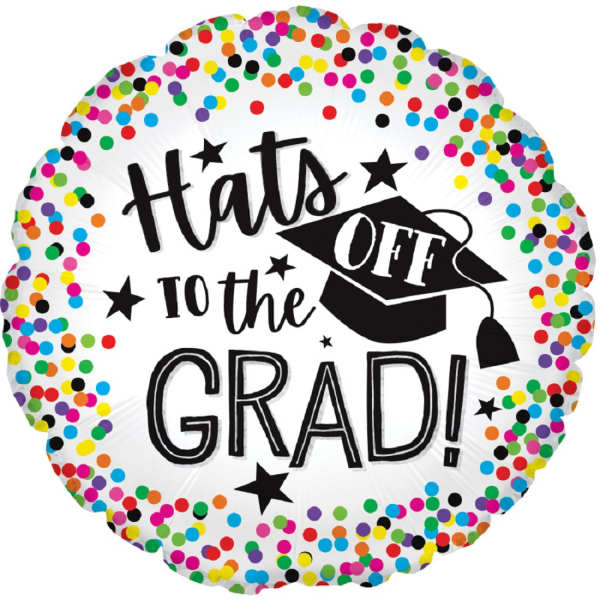 Round graduation balloon with confetti border and "Hats off to the Grad!" text