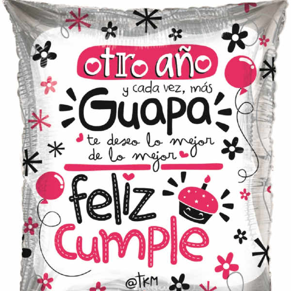 Silver balloon pillow with Spanish birthday message in pink and black