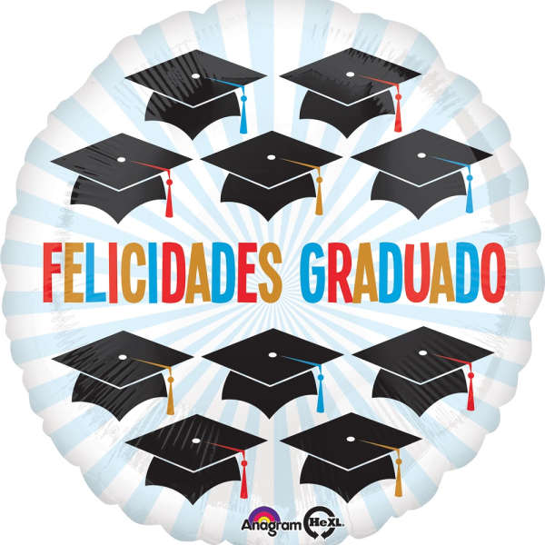 Round graduation balloon with mortarboards and Spanish text