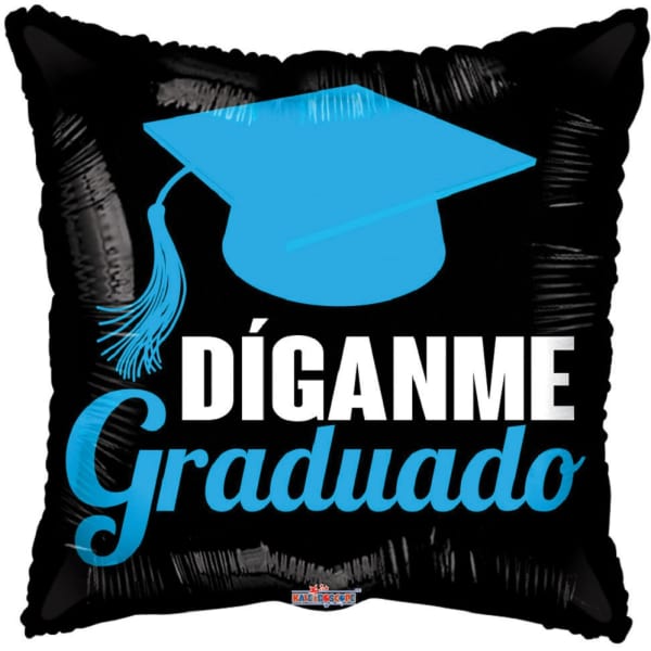 Black graduation balloon with blue cap and Spanish text