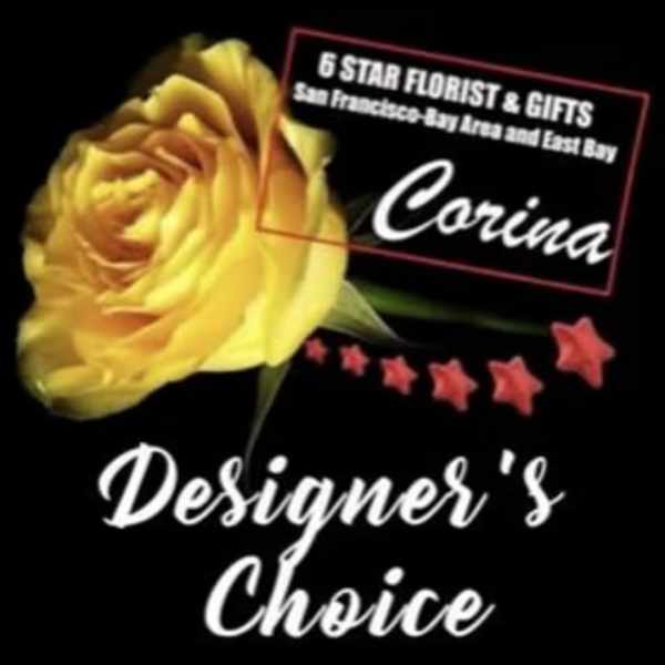 Yellow rose with a florist logo on a black background