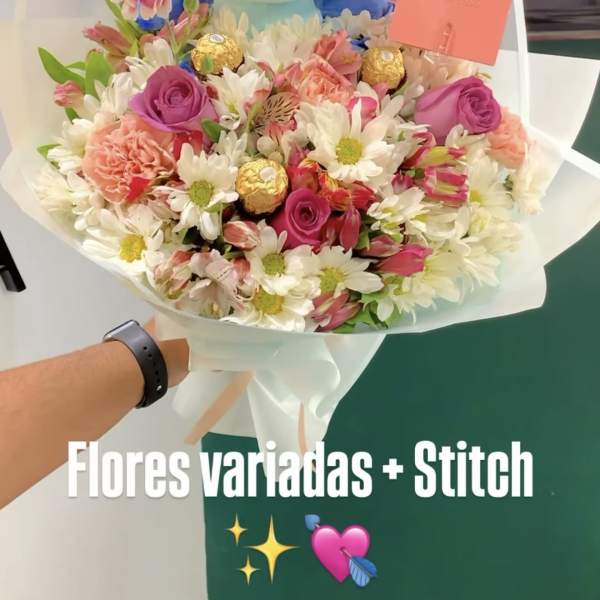 Bouquet of mixed flowers with a Stitch plush toy and a card