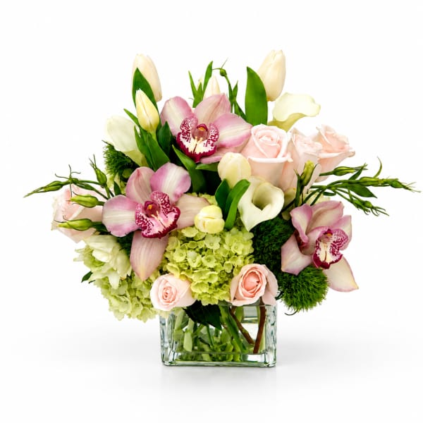 Pink orchids and roses arranged in a square glass vase