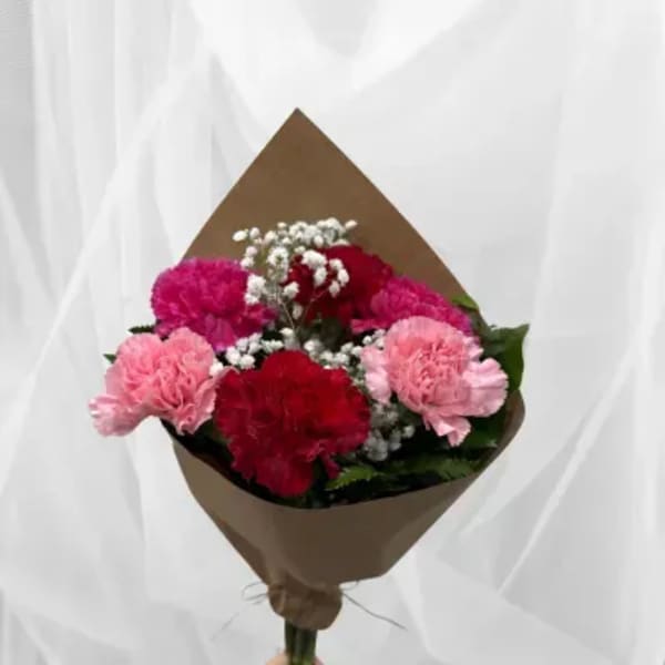 Bouquet of pink and red carnations with baby's breath in brown paper