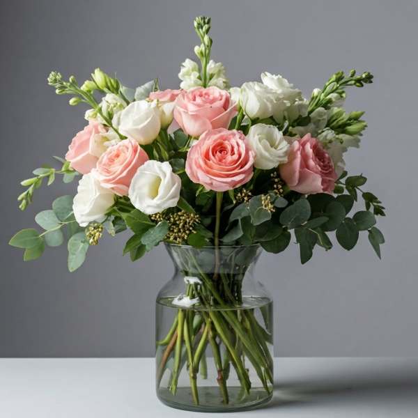 Pink and white roses arranged in a clear glass vase