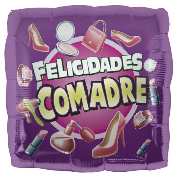 Purple balloon with "FELICIDADES COMADRE" text and makeup icons