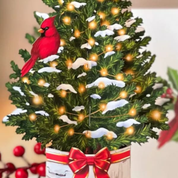 Mini Christmas tree in a birch-look container with a red bow and cardinal ornament