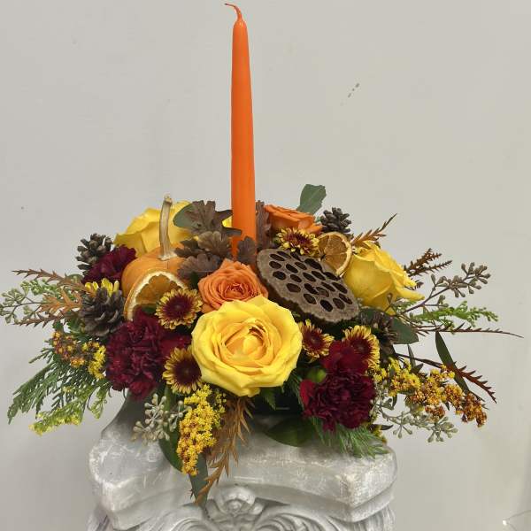 Harvest Glow Centerpiece by Westford Florist Art by Veny