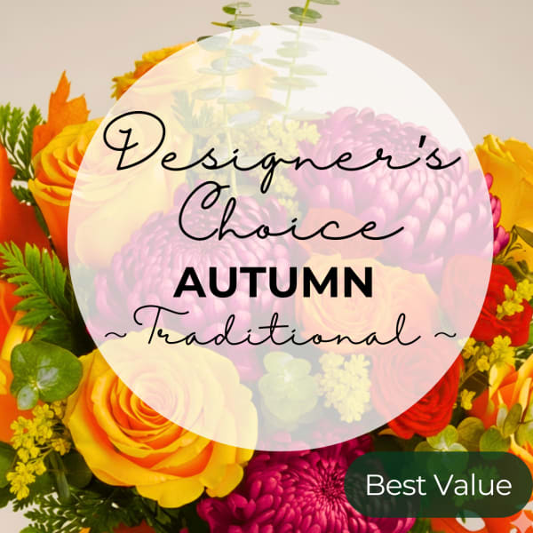 Autumn bouquet with roses and chrysanthemums, overlaid with text