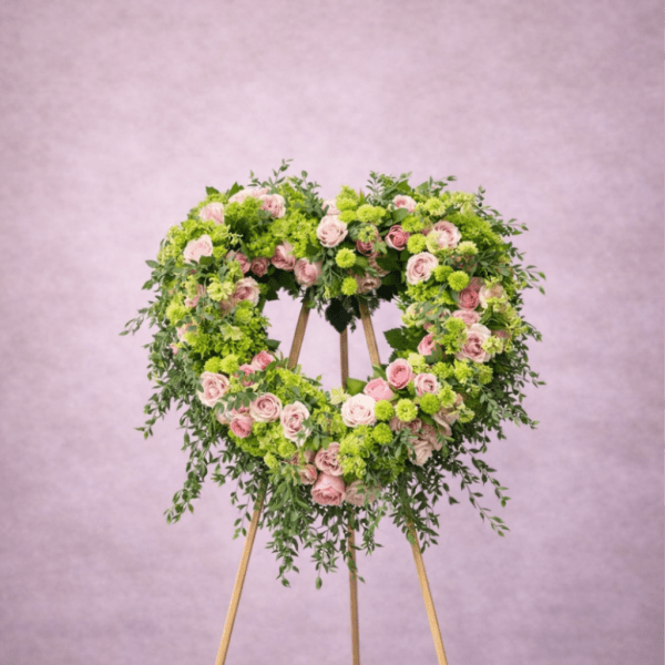 Heart-shaped standing wreath of pink roses and green flowers on a wooden easel