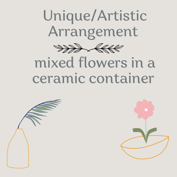 Graphic with text about a mixed flower arrangement in a ceramic container