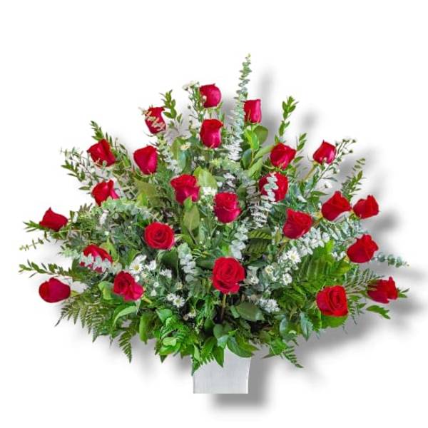 Red roses arranged in a white vase with mixed greenery