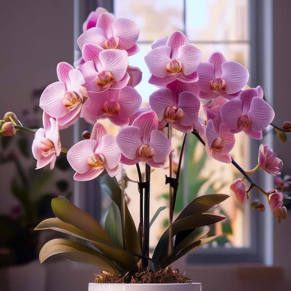 Pink orchid plant in a white pot