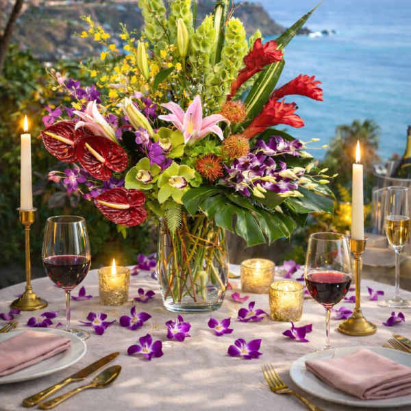 Tropical floral centerpiece in a glass vase on a candlelit table