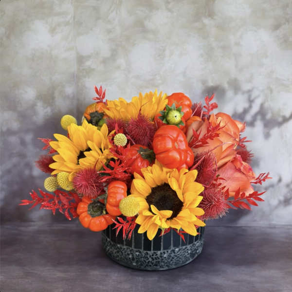 Sunflower arrangement with orange pumpkins in a black container