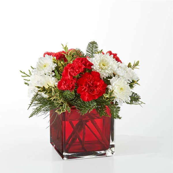 Red and white carnations in a red glass cube vase
