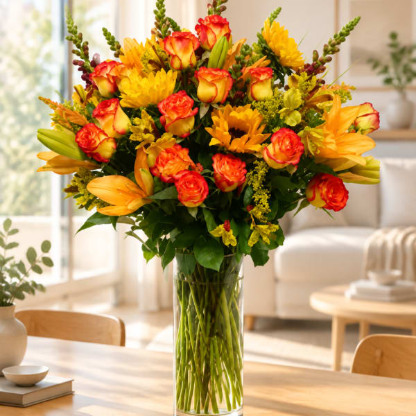 Bouquet of orange-red roses and yellow lilies in a clear glass vase