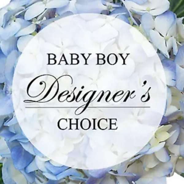 Blue and white floral arrangement with a "Baby Boy" sign