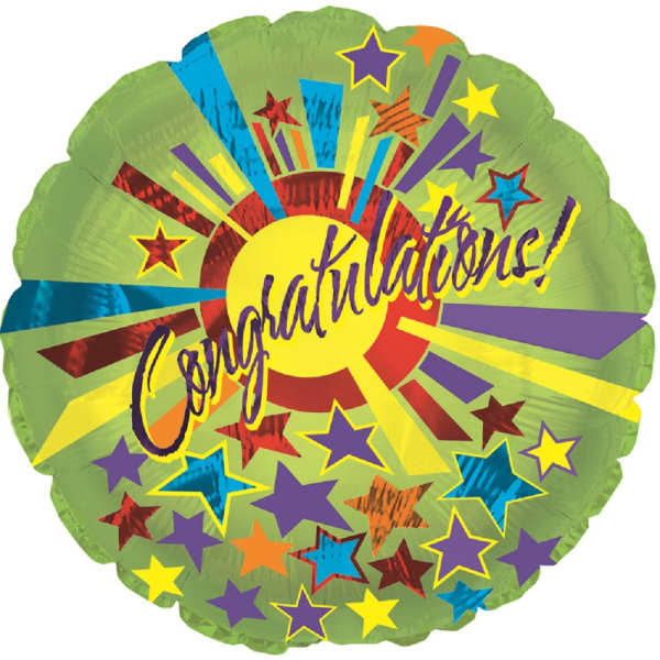 Round green congratulatory balloon with colorful stars