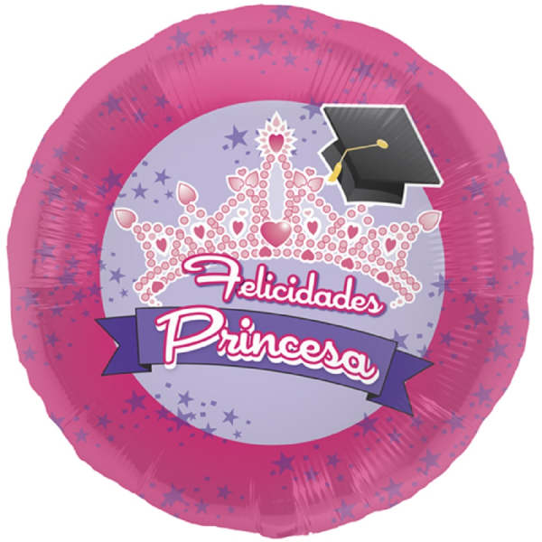 Pink round balloon with a princess crown and graduation cap graphic