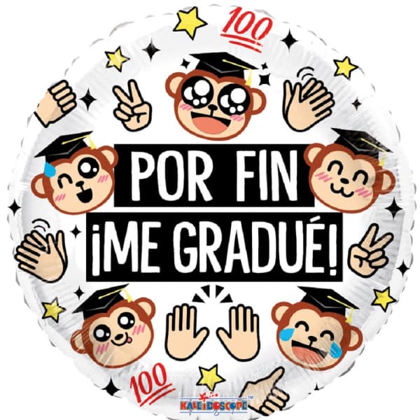 Round graduation balloon with cartoon monkeys and Spanish text
