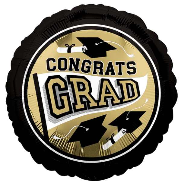Round black and gold graduation balloon with "Congrats Grad" text