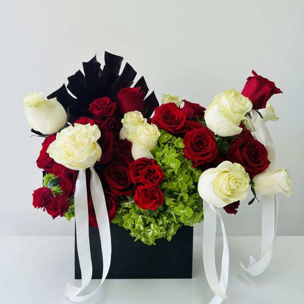 Red and white roses arranged in a black box with white ribbons