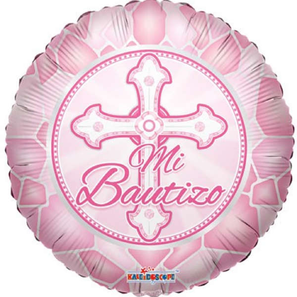 Pink round balloon with a cross and the words "Mi Bautizo"