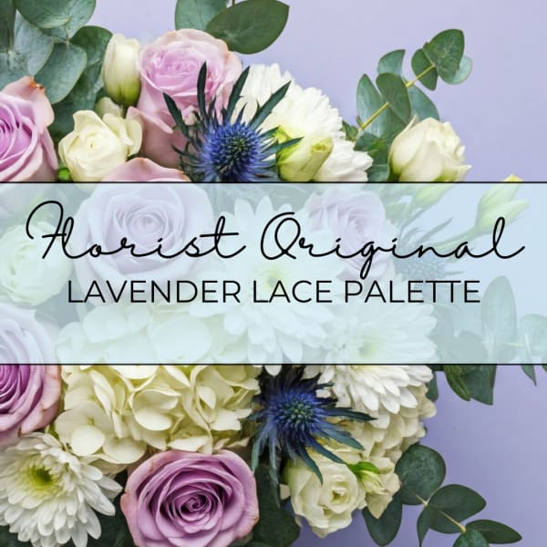 Lavender and white floral bouquet with blue thistle and eucalyptus