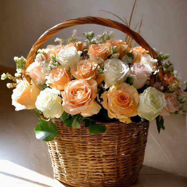 Basket of peach and white roses with greenery