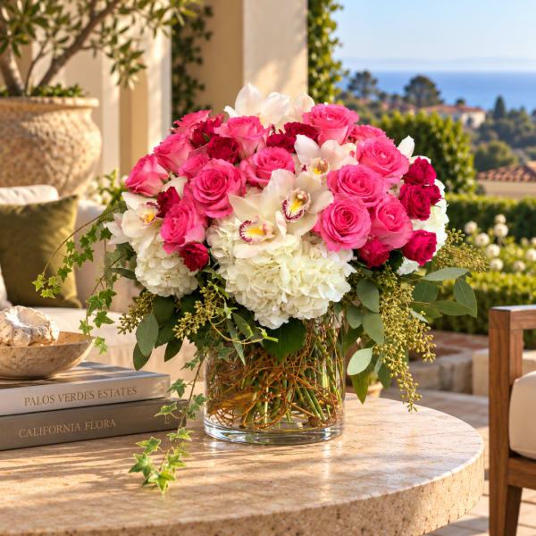 Pink roses and white orchids in a glass vase on a patio table