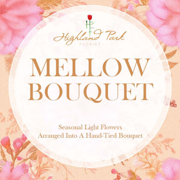 Mellow Bouquet title card with pink floral background